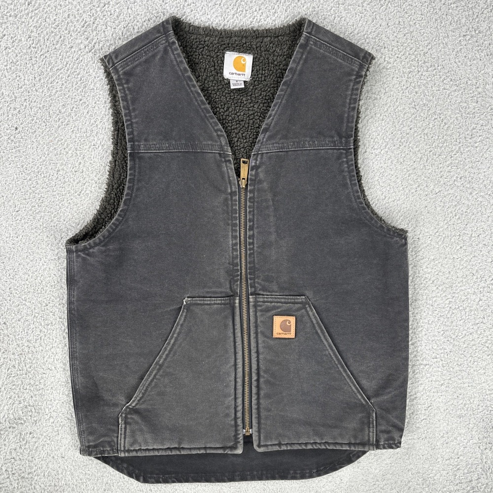 VTG Carhartt V26 BLK Duck Vest Men Small Black Fleece Sherpa Lined Washed Faded
